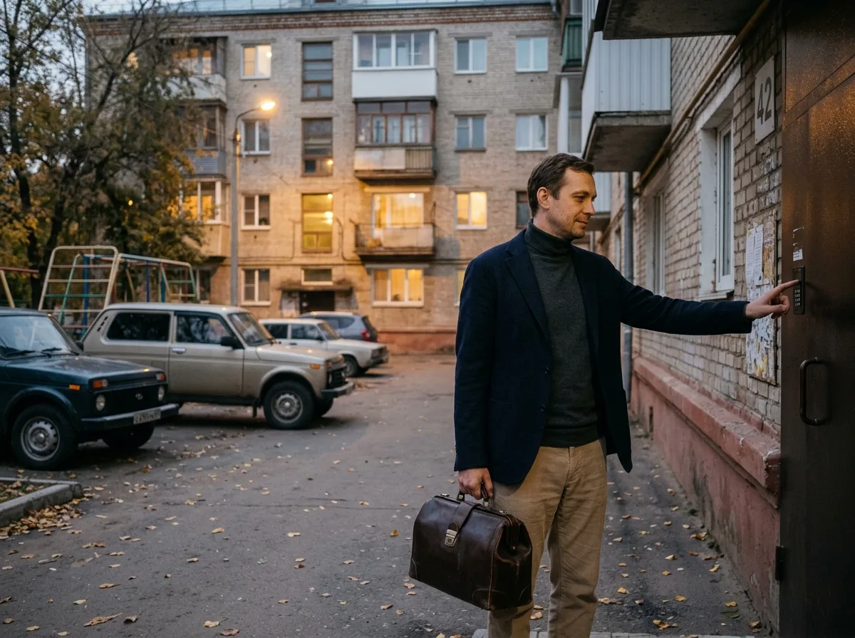 Врач нарколог в гражданской одежде приезжает на вызов в жилой район Самары, вечер, домашняя обстановка, профессиональный медицинский чемодан